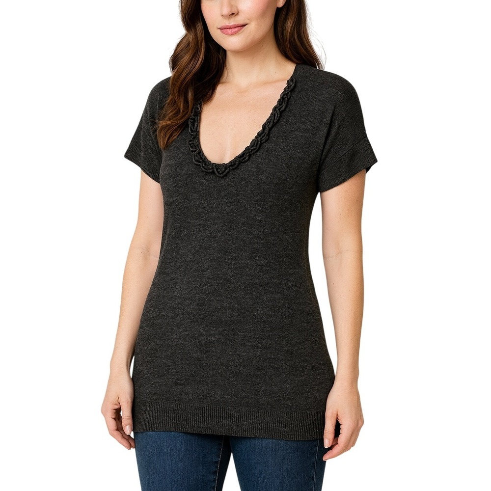 Y2K NY & Company Charcoal Knit Ruffleβ V-Neck Tunic Top Women's LARGE